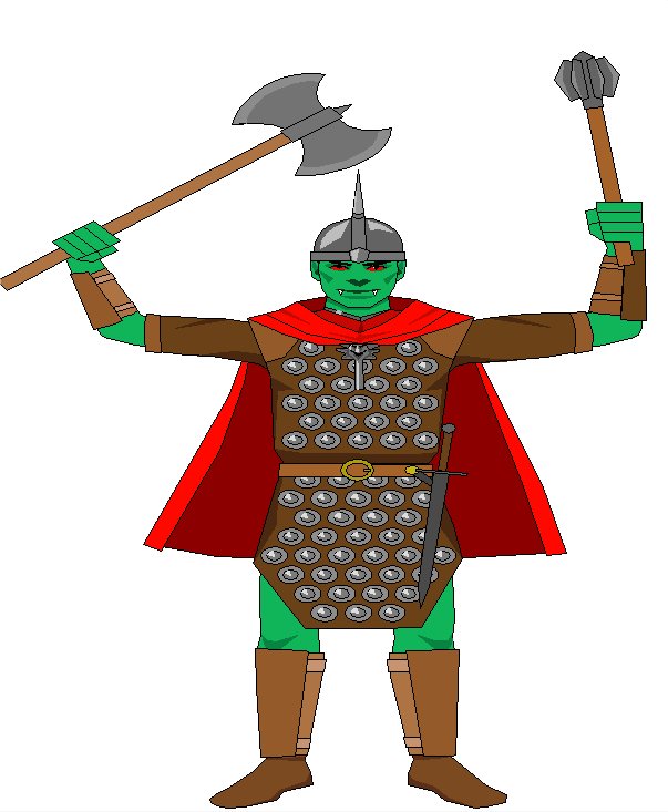 Chef Vugdush avec une brigandine, une hache de bataille et une masse